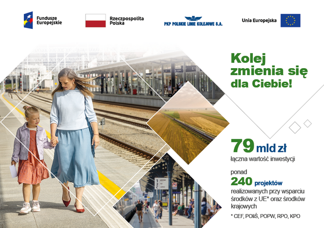 Grafika przedstawiająca: od góry logo: Fundusze Europejskie, flaga Rzeczpospolita Polska, logo PKP Polskie Linie Kolejowe S.A., Logo Unia Europejska. Niżej po lewej stronie zdjęcie na którym znajduje peron a na nim kobieta trzymająca dziecko za rękę, zdjęcie peronu, pociągu, oraz stacji kolejowej. Po prawej tekst: Kolej zmienia się dla Ciebie! 79 mld zł - łączna wartość inwestycji, ponad 240 projektów realizowanych przy przy wsparciu środków z UE* oraz środków krajowych. *CEF, POIiŚ, POPW, RPO, KPO