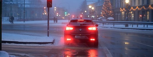 Samochód zatrzymany przed czerwonym światłem, wieczorną porą