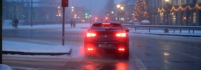 Samochód zatrzymany przed czerwonym światłem, wieczorną porą