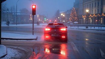 Samochód zatrzymany przed czerwonym światłem, wieczorną porą