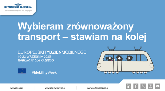 Grafika z napisem: Wybieram zrównoważony transport - stawiam na kolej. Europejski Tydzień Mobilności 16-22 września 2025 Mobilność dla każdego