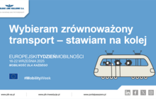 Grafika z napisem: Wybieram zrównoważony transport - stawiam na kolej. Europejski Tydzień Mobilności 16-22 września 2025 Mobilność dla każdego