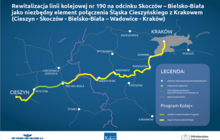 Mapa linii kolejowej nr 190 (Kraków-Cieszyn) z zaznaczonym odcinkiem Skoczów- Bielsko Biała. Na dole logotypy PKP PLK S.A, Programu Kolej Plus oraz Ministerstwa Infrastruktury.