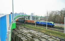 Pociąg towarowy przejeżdżający pod wiaduktem w Sokółce.