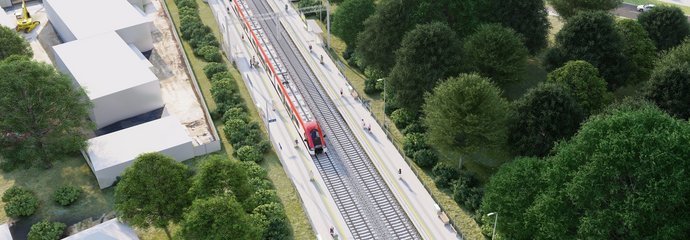 Wizualizacja przedstawia widok z góry na przystanek kolejowy Łódź Zarzew, zlokalizowany przy wiaduktach drogowo-tramwajowych w ciągu ul. Przybyszewskiego w Łodzi. Na przystanku znajdują się dwa perony zlokalizowane po zewnętrznych stronach dwutorowej linii kolejowej. Przy jednym z peronów ma postój pociąg, do którego wsiadają pasażerowie. Perony są wyposażone w wiaty, ławki, oświetlenie i oznakowanie. Przy przystanku znajdują się parkingi dla samochodów oraz budynki gospodarcze. Autor PKP Polskie Linie Kolejowe SA