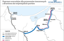 Mapa z zaznacznym odcinkiem na trasie z Braniewa do Malborka, gdzie zaplanowana została przebudowa torów 