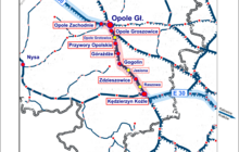 Mapa modernizowanego odcinka linii E 30 Kędzierzyn Koźle - Opole. Bohdan Ząbek
