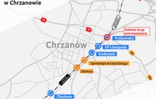 Mapka przedstawia rozmieszczenie 7 wiaduktów w Chrzanowie, objętych inwestycją PKP Polskich Linii Kolejowych S.A. na trasie Trzebinia – Oświęcim : Na samej górze mapki jest zaznaczony wiadukt przy ul. Krakowskiej oraz kolejno przy ul.29 Listopada, Kadłubek, Krasickiego, Siennej, Zbożowej i na dole ul. Powstańców Styczniowych