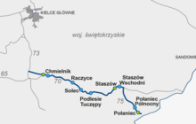 Fragment mapy przedstawiający przebieg linii kolejowej między Chmielnikiem, Staszowem i Połańcem wraz z lokalizacją nowych i zrewitalizowanych przystanków kolejowych.