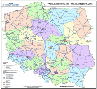 Mapa poglądowa linii kolejowych w Polsce zarządzanych przez PKP Polskie Linie Kolejowe S.A.