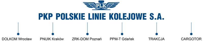 Logo PLK. Od logotypu wychodzi 6 powiązań z: Dolkom Wrocław, PNUIK Kraków, ZRK-DOM Poznań oraz PPM-T Gdańsk, Trakcja, CARGOTOR