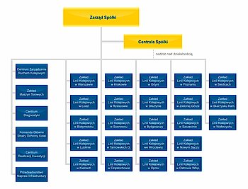 Schemat organizacyjny Spółki PKP Polskie Linie Kolejowe S.A. W skład struktury organizacyjnej Spółki wchodzą następujące jednostki organizacyjne podległe bezpośrednio Zarządowi Spółki: Centrala Spółki w Warszawie, Centrum Zarządzania Ruchem Kolejowym, Centrum Diagnostyki, Komenda Główna Straży Ochrony Kolei, Zakład Maszyn Torowych, Przedsiębiorstwo Napraw Infrastruktury, Centrum Realizacji Inwestycji oraz 23 Zakłady Linii Kolejowych.