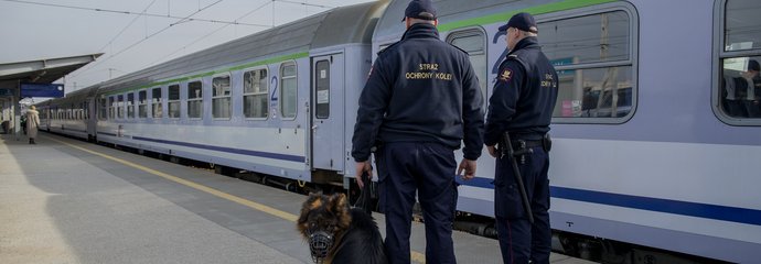 Straż Ochrony Kolei z psem na peronie. Obok pociąg_fot. Włodzimierz Włoch
