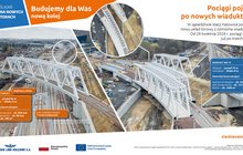 Grafika przedstawia nowe wiadukty kolejowe budowane w rejonie stacji Katowice, wraz z widokami z lotu ptaka oraz danymi technicznymi obiektów. Infografika informuje, że pociągi pojadą po nowych wiaduktach od 29 kwietnia 2026 roku i jest elementem projektu „Śląskie na nowych torach”.