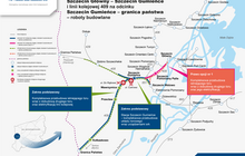 Mapa przedstawiająca linię kolejową nr 408 na odcinku Szczecin Główny – Szczecin Gumieńce i linię kolejową na odcinku Szczecin Gumieńce – granica państwa z zaznaczonymi punktami, w których będą przebiegać prace.