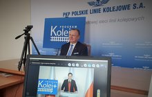 Ireneusz Merchel, prezes Zarządu PKP Polskich Linii Kolejowych S.A. oraz Andrzej Bittel, sekretarz stanu w Ministerstwie Infrastruktury podczas wideokonferencji prasowej.