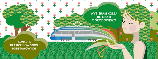 Grafika przedstawiająca pociąg, drzewa oraz kobietę. 