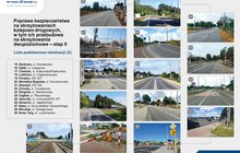 Infografika PKP Polskie Linie Kolejowe S.A. przedstawiająca 15 lokalizacji planowanych inwestycji poprawiających bezpieczeństwo na skrzyżowaniach kolejowo-drogowych. Po lewej stronie znajduje się lista miejscowości i ulic, a po prawej kolaż zdjęć przejazdów kolejowych, skrzyżowań, rogatek i infrastruktury drogowej.