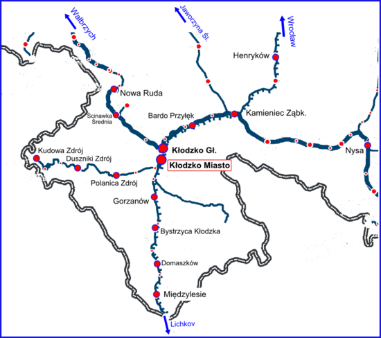 mapa z siecią linii kolejowych w rejonie Kotliny Kłodzkiej z zaznaczonymi stacjami i przystankami