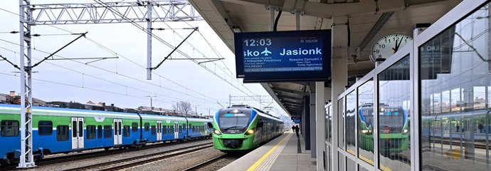 Stacja Rzeszów Główny - na peronach są podróżni, obok stoją pociągi, fot. Kamil Mergel