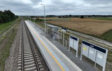 Widok z góry na peron w Jaskach, widać tory, gabloty informacyjne, wiatę, fot. P. Mieszkowski, A.Lewandowski