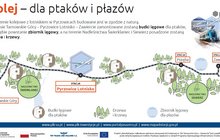 Infografika ze schematem linii Tarnowskie Góry-Zawiercie, naniesione rysunki budek lęgowych, drzew planowanych do zasadzenia oraz zbiornika wodnego, opis jak budowana jest kolej z myślą o naturze