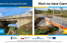 Grafika przedstawia most nad rzeką Czarną – przed i po zakończeniu inwestycji. Na dole napis „Modernizacja linii kolejowej nr 8, odcinek Warszawa Okęcie – Radom (LOT A,B,F) Faza II”, Projekt jest współfinansowany przez Unię Europejską ze środków Funduszu Spójności w ramach Programu Operacyjnego Infrastruktura i Środowisko. Na grafice napis: Przed i Po, Zwiększamy dostępność kolei, Most na rzece Czarnej. 