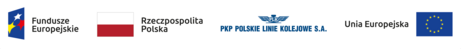Logo: Fundusze Europejskie, flaga Rzeczpospolita Polska, logo PKP Polskie Linie Kolejowe S.A., Logo Unia Europejska