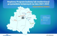 Na infografice znajduje się zarys województwa łódzkiego z zaznaczonymi liniami kolejowymi i dokładnymi lokalizacjami przystanków. Przystanki zaznaczono kolorami – niebieskim, te które będą realizowane (Głowno Północe, Łódź Zarzew, Żakowice Południowe, Zaosie), zielonym - przystanki zrealizowane (Tomaszówek), czerwonym przystanki w realizacji (Izabelów, Jedlicze Koło Zgierza, Zgierz Rudunki, Stare Grudze). Na górze infografiki jest umieszczony tytuł „Rządowy Program budowy lub modernizacji przystanków kolejowych na lata 2021-2025”. Na dolnym pasku logo PKP Polskie Linie Kolejowe S.A. i Ministerstwo Infrastruktury. 