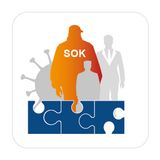 Ikona przedstawiająca graficzny model wirusa, na którego tle znajduje się postać funkcjonariusza SOK oraz dwie szare postacie, na dole trzy dopasowane puzzle.