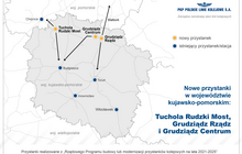 Schemat z mapą nowych przystanków z programu przystankowego na liniach w województwie kujawsko-pomorskim