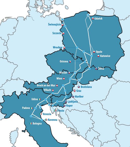 Mapa obrazująca przebieg całego korytarza towarowego nr 5 Morze Bałtyckie - Morze Adriatyckie.