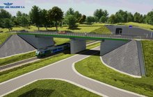 Wizualizacja wiaduktu drogowego nad projektowaną łącznicą Jedlicze - Szebnie. W centralnej części jest wiadukt, pod wiaduktem tory kolejowe łącznicy i pociąg, PKP Polskie Linie Kolejowe S.A, autor Kamil Czerw