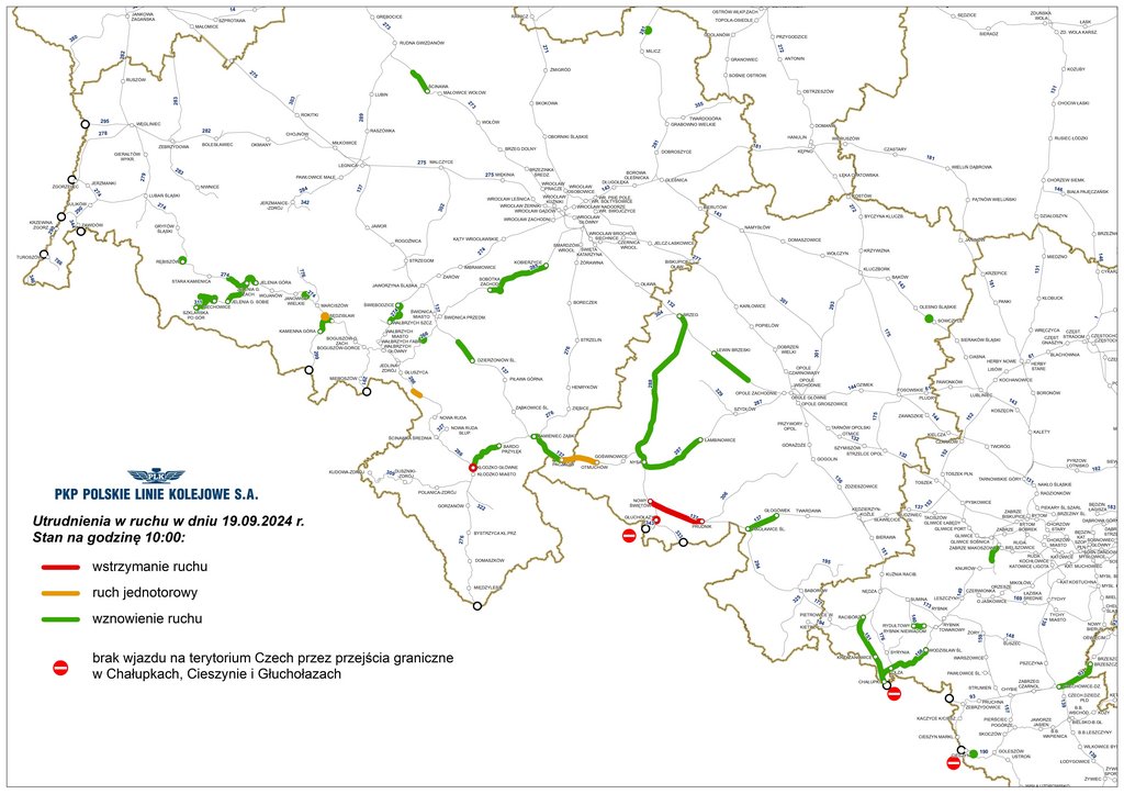 Mapa przedstawiająca przebieg linii kolejowych w województwach opolskim, dolnośląskim i śląskim. Ilustruje udrożnione oraz zamknięte linie kolejowe, wymienione w komunikacie o zmianach w ruchu pociągów. 