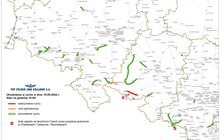 Mapa przedstawiająca przebieg linii kolejowych w województwach opolskim, dolnośląskim i śląskim. Ilustruje udrożnione oraz zamknięte linie kolejowe, wymienione w komunikacie o zmianach w ruchu pociągów. 