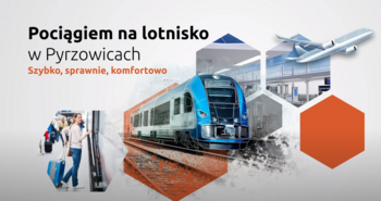 Screen z filmu - grafika z napisem Pociągiem na lotnisko w Pyrzowicach. Szybko, spranie, komfortowo. Pociąg, podróżna z walizką.