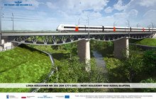 Linia kolejowa 201, widok z powietrza na most kolejowy nad Słupiną w Żukowie. wiz. PLK