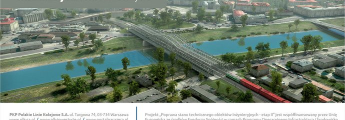 W lewym górnym rogu wizualizacji jest napis: wizualizacja mostu w Przemyślu. Wizualizacja przedstawia nowy most 6-przęsłowy na dwóch torach w środku. Po bokach są rozsunięte przęsła starego obiektu. Pod wizualizacją są dane teleadresowe Spółki PLK oraz nazwa projektu: Poprawa stanu technicznego obiektów inżynieryjnych, etap II”, współfinansowany przez Unię Europejską z Funduszu Spójności w ramach Programu Operacyjnego Infrastruktura i Środowisko. Poniżej znajdują się logotypy: Fundusze Europejskie Infrastruktura i Środowisko, Rzeczpospolita Polska, PKP Polskie Linie Kolejowe S.A oraz Unia Europejska Fundusz Spójności