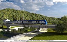 W centralnej części most kolejowy i pociąg na torach. W prawym górnym rogu napis: most kolejowy km 15+444 a poniżej logo PKP Polskie Linie Kolejowe S.A Na dole napis: most kolejowy km 15+444 na linii kolejowej nr 104 Chabówka – Nowy Sącz w Mszanie Dolnej. Infografika – PKP Polskie Linie Kolejowe S.A