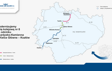 Mapa województwa świętokrzyskiego z zaznaczoną linią kolejową nr 8 na odcinku Skarżysko-Kamienna - Kielce Główne - Kozłów