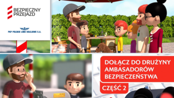 Grafika ze screenami z animacji, podpis dołącz od drużyny ambasadorów bezpieczeństwa cz2