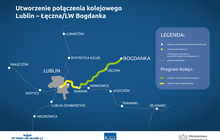 Grafika przedstawia wizualizację linii kolejowej prowadz±cej z Lublina do Łęcznej i Bogdanki. Na grafice napis: Utworzenie połączenia kolejowego Lublin-Łęczna /LW Bogdanka. 