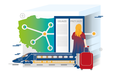 Rysunkowa grafika, w tle mapa Polski uproszczonym schematem linii kolejowych, z prawej podróżna stojąca tyłem czytająca tablicę rozkładu jazdy, u dołu nowoczesny pociąg. 
