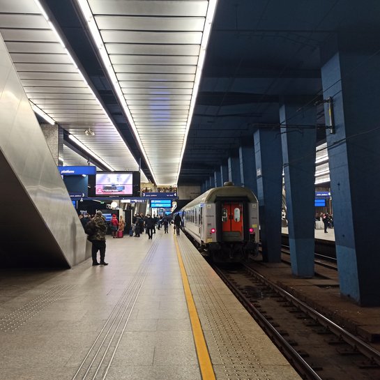 Pasażerowie na peronie stacji Warszawa Centralna, widać wjeżdzający pociag, fot. Martyn Janduła