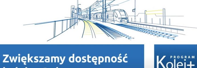 Grafika przedstawiająca pociąg na stacji kolejowej, na dole napisa Zwiększamy dostępność kolei w Polsce, po prawej stronie loko Kolej Plus.
