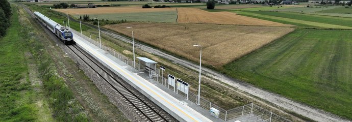 Przystanek w Jaskach Pociąg przejeżdża obok peronu w Jaskach, fot. A.Lewandowski, P. Mieszkowski