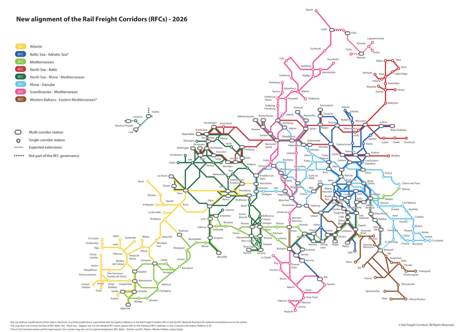 Mapa przedstawiające korytarze towarowe.