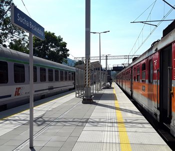 Stacja Sucha Beskidzka - na peronie podróżny, po obu stronach stoją pociągi, fot. Józef Syc
