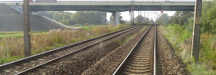 Tory na szlaku Elbląg - Tropy i wiadukt drogowy w tle. fot. Andrzej Puzewicz PLK