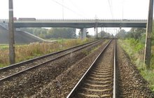 Tory na szlaku Elbląg - Tropy i wiadukt drogowy w tle. fot. Andrzej Puzewicz PLK